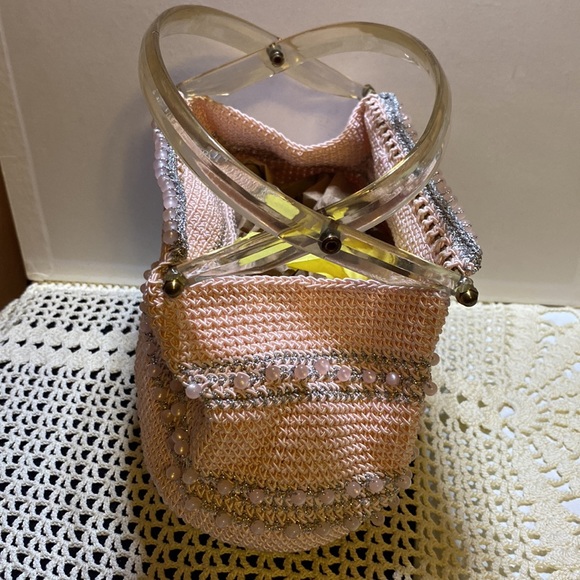 Handmade repurposed crocheted and beaded handbag with acrylic handles - Picture 4 of 10